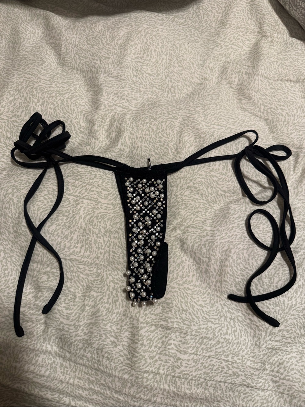 Fashion Nova Black Pearl-Embellished Thong Bikini Bottom
